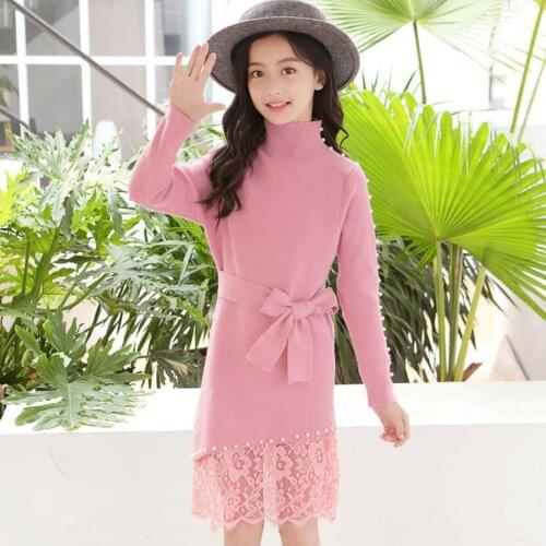 3-15 Years Autumn Winter Baby Toddler Children Clothes Big Girls Knit Sweater Lace Dress Long Sleeve Kids Party Dresses For Girl