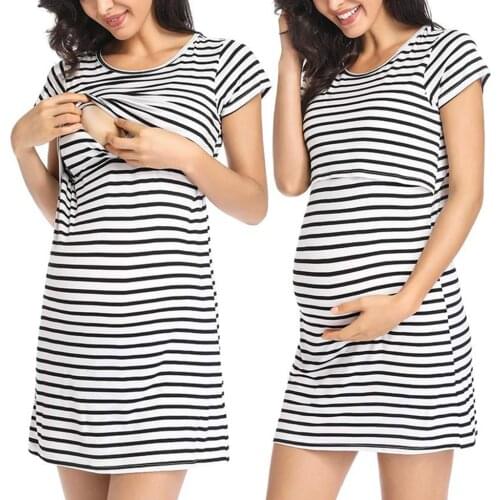 Maternity Breastfeeding Dresses Women Short Sleeve Striped Mothers Nursing Dress Robe Grossesse Props Summer Casual Dress S-3XL