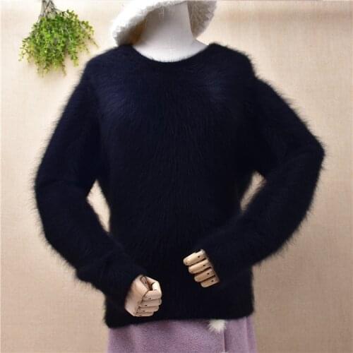 Women clothing female hairy angora rabbit hair knitted o-neck long sleeve slim waist loose pullover mink cashmere jumper sweater