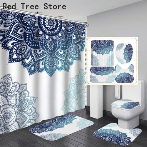 Luxury Mandala Printing Shower Curtain Bathroom Cover Waterpoof Polyester Traditional Design Toilet Floor Mat Rug 4pcs Set Decor