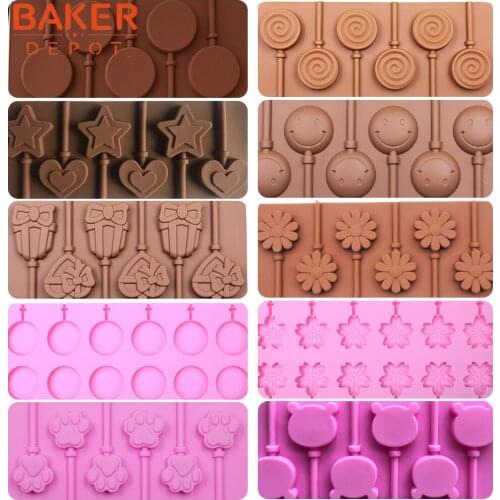 BAKER DEPOT Silicone lollipop mold candy chocolate molds round cake decorating form bake bakeware tool bear lolipops cake molds