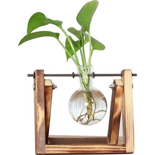 Bulb Vase with Retro Solid Wooden Stand and Metal Swivel Holder for Hydroponics Plants Desktop Glass Planter Home Office Decor
