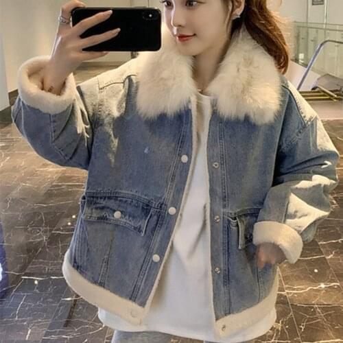 Big Fox Fur collar Plus Velvet Denim Jacket Womens 2021Winter Autumn New Korean Fashion Loose Retro All-Match Cowboy Coat Female