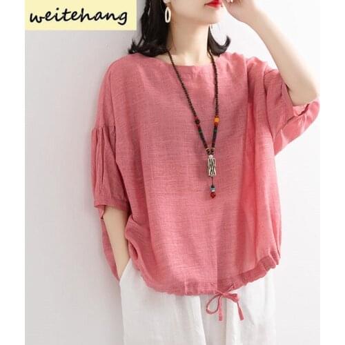 Summer Women Loose Plus Size Casual T-shirt Women Bat Shirt Hem Drawstring Round Neck Tops Cotton Linen Female Shirt T-shirt 474