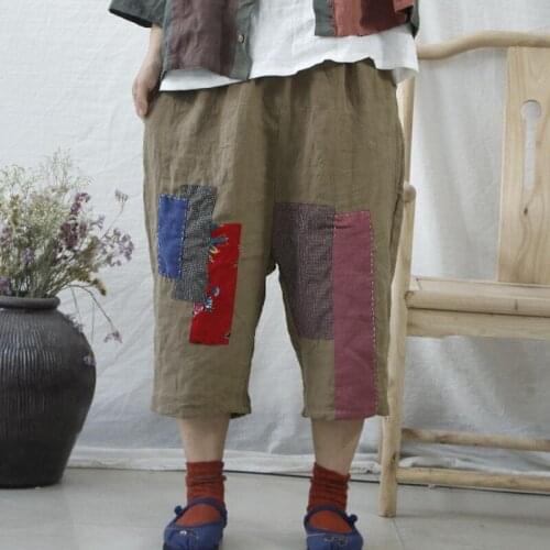 Johnature Cotton Linen Retro Patchwork Elastic Waist All-match Cross-pants 2021 Autumn New Loose Leisure Women Calf-length Pants