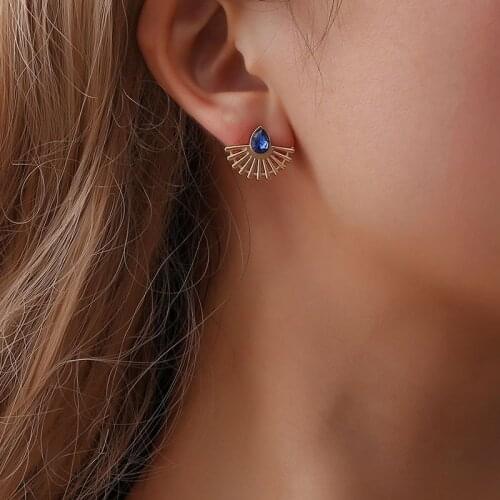Bohemia Gold Color Plating Hollow-out Fan Shape Stud Earrings For Women Elegant Gorgeous Inlaid Blue Crystal Jewelry Earrings