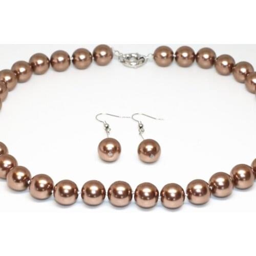 Free shipping romantic champagne 12mm simulated-pearl shell round beads necklace earrings for women jewelry set 18inch B2340