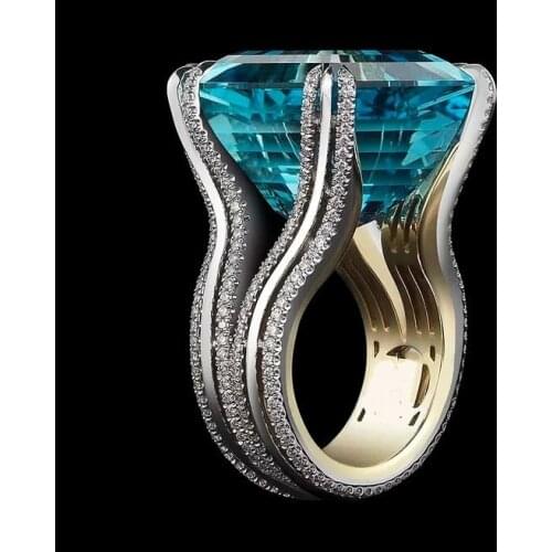 Womens Fashion 925 Silver Color Ring Elegant Luxury Blue Gemstone Jewelry Wedding Engagement Party Ring Size 5-11