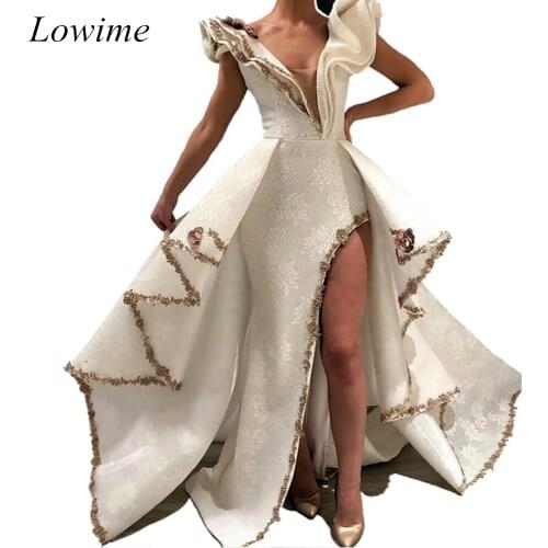 Special Arabic Two Pieces Celebrity Dresses 2019 Long Mermaid Red Carpet Dress Evening Prom Party Gowns High Side Split Vestidos