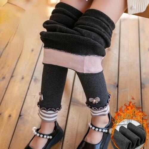 Winter Girls Bowknot Leggings Thickening Warm Pants Childrens Long Fleece Trousers Kids Cartoon Skinny Legging 3-12Years