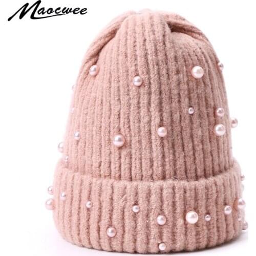 Winter Hats For Girls Women Knitted Thick Warm Rabbit Beanie Pearl Solid Color Cap Female Headgear Outdoor Soft Skullies Beanies