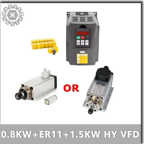 1.5KW VFD Inverter + 13pcs/set ER11+CNC 800W/0.8KW 220V Square Air Cooling Spindle ER11 Air-cooled Milling Spindle , 2 Versions