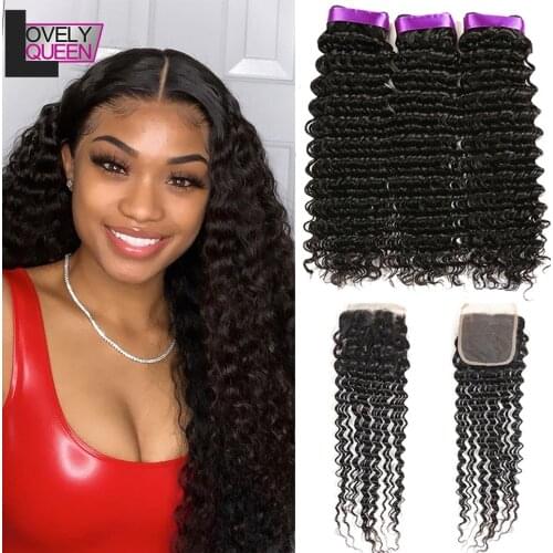 Brazilian Hair Deep Wave Bundles With Closure Non-Remy Human Hair Bundles With Lace Closure Natural Color Human Hair Extensions