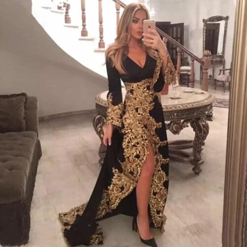 Black Moroccan Kaftan Caftan Muslim Evening Dresses A-line Long Sleeve Appliques High Low Dubai Arabic Turkey Abaya Islamic Gown