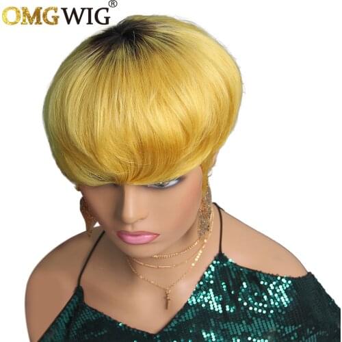 Ombre Two Tone Yellow Colored Short Piexie Cut Brazilian Human Hair Wigs For Women No Lace Front Bob Wig Free Shipping Wholesale