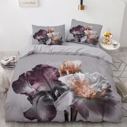 Grey Elegant Flower Bedding Set Modern 3d Duvet Cover Sets Comforter Bed Linen Twin Queen King Single Size Fashion Luxury Purple