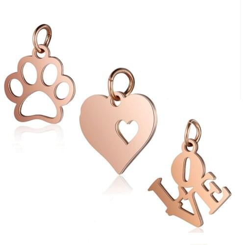 Fnixtar Rose Gold Color Hollow Dog Paw Love Heart Letter Love Charms Pendants Handmade DIY Jewelry Making 10Piece/Lot