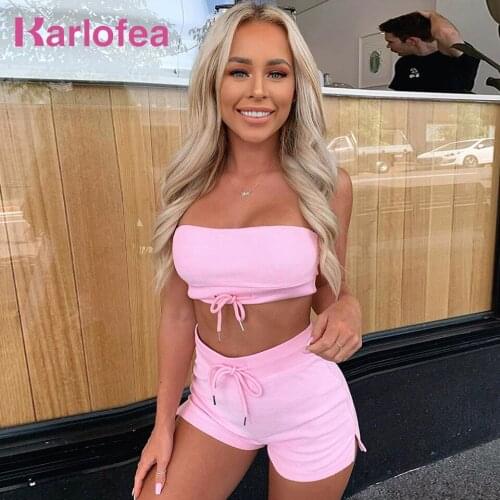 Karlofea New Vacation 2 Piece Shorts Set Lovely Female Girls Summer Casual Street Wear Chic Tube Top And Short Lounge Suit Cloth