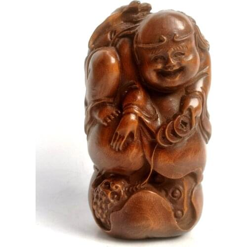 YIZHU CULTUER ART Collection China Old Boxwood Hand Carved Liuhai Jinchan Statue Family Decoration