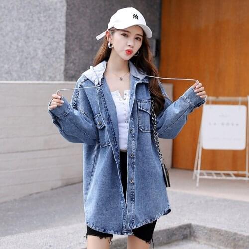 Plus Size Denim Jackets Women Hooded Loose Korean New Spring Shirt Collar With Pockets Female Windbreaker Outerwear