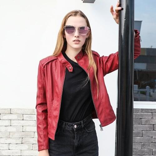 Aimsnug Faux Pu Leather Jacket Women Pink Brown Washed Tunic Outerwear Pockets Zipper Motorcycle Coat Slim Ladies Biker Jackets