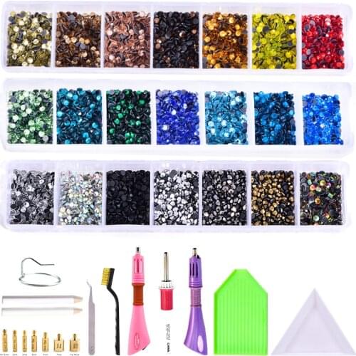 6000pcs 3 Boxes SS10 DMC HotFix Rhinestones Set Hotfix Applicator With 7 Different Nozzles Cleaning Kit Tweezers Brush A01