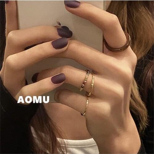 AOMU 2020 New Korean Retro 4PCS/Set Minimalist Geometric Multicolor Resin Metal Beaded Stacked Ring Set for Women Jewelry Gifts