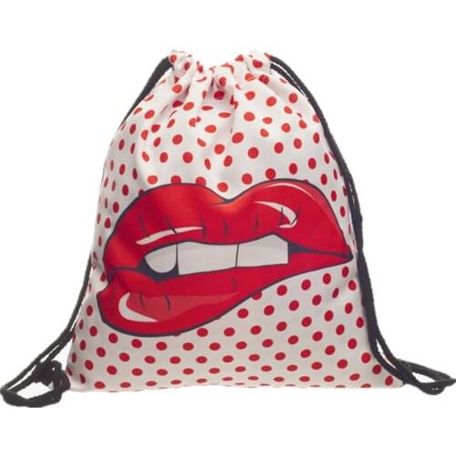 New 3D Printed Drawstring Bag Dot Lips Red Fashion Mochila Cuerda Harajuku Drawstring Backpack Women Men Modis String Bag Girl