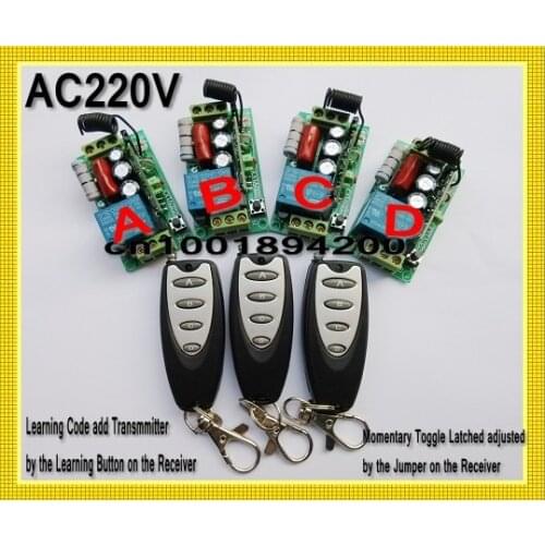 AC220V Remote Control Switch 4 Receiver 3 Transmitter Learning Code Momentary Toggle Latched adjusted 10A Mini Transmitter