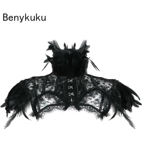 Retro Vintage Punk Gothic Feather Collar Shoulder Lace Cape Bolero Jacket Shrug Tops Halloween Party Goth Rave Costume for Women