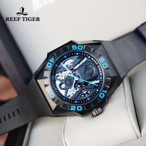 Reef Tiger/RT Limited Men Automatic Mechanical Watch All Black Rubber Strap Blue Skeleton Waterproof 200M Men Dive Watches