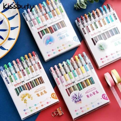 9Pcs/Set Vintage Color Gel Pen Retractable Quick Dry 0.5mm Binder Clip Soft Rubber Grip DIY Hand Account Bullet diary Stationery