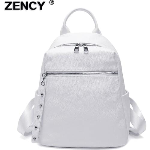 ZENCY 100% Genuine Cow Leather Silver Accessories Womens Backpacks Ladies Girl Cowhide Female School Book Backpack Rucksack