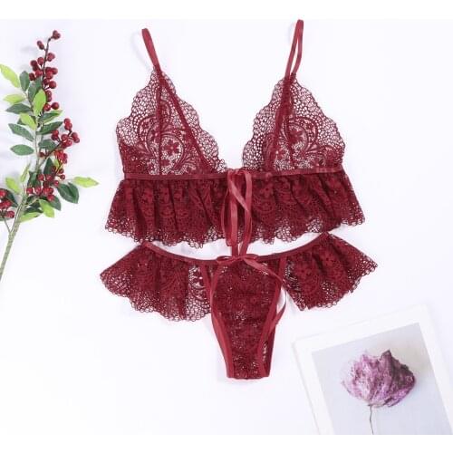Sexy Women Lingerie Lace Ruffled Bra Underwear Sleepwear G-string Pajamas Thong New Style Bow Tie and Underwear Set 2021 New
