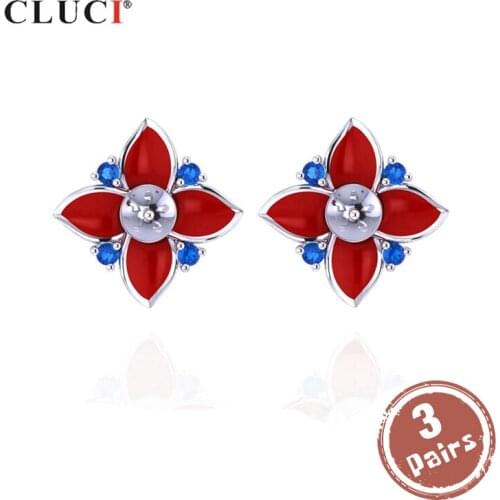 CLUCI 3 pair wholesale 925 Sterling Silver Women Stud Earrings Jewelry Pearl Earrings Mounting Red Flower Earrings SE090SB
