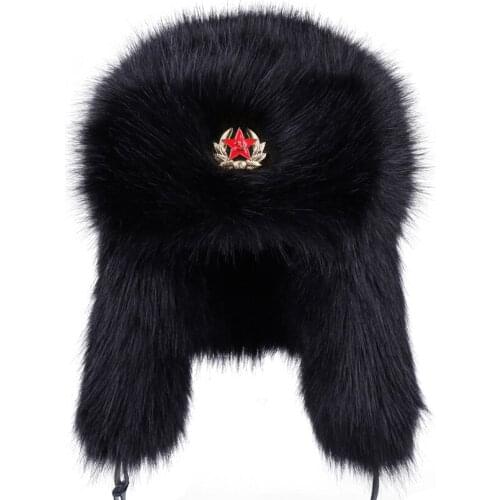 Soviet Badge Ushanka Men Women Faux Fox Fur Winter Snow Cap Vintage Russian Army Military Bomber Hats Earflap Aviator Trapper