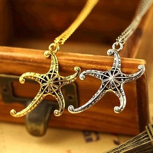 Vintage Bronze Silver Plated Starfish Long Pendant Necklace for Women Chains Sweater Accessories
