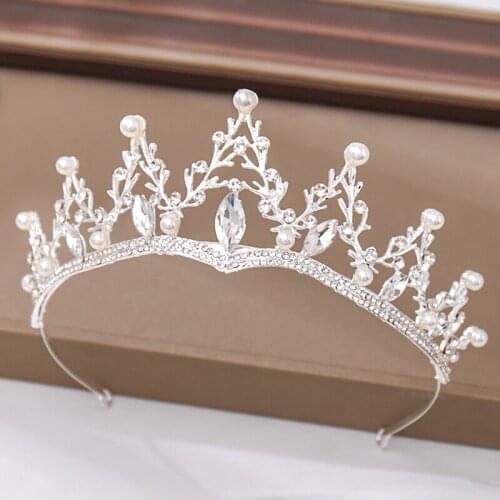 Silver Color Crystal Party Crowns Tiara Queen Crown Wedding Hair Accessories Rhinestones Pearl headband Bridal Hair Jewellery