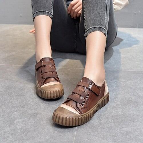 Retro Color Matching Genuine Leatherr Womens Shoes Flat Heel Soft Bottom Velcro Low-top Shoes Spring New Single Shoes Women