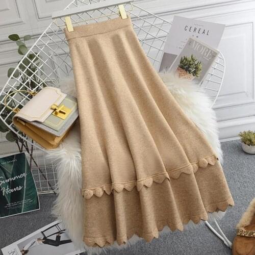 2021 Autumn Winter Women New Casual Thick Warm Knitted Skirt Female Solid High Waist Long Skirts Lady A-Line Pleated Faldas O327