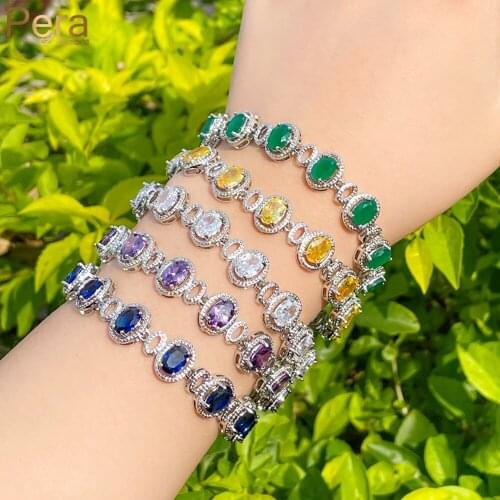 Pera Fantastic Matte Green Blue Crystal Oval Shape Link Chain Tennis Bracelets Cubic Zirconia Jewelry for Female Party Gift B225