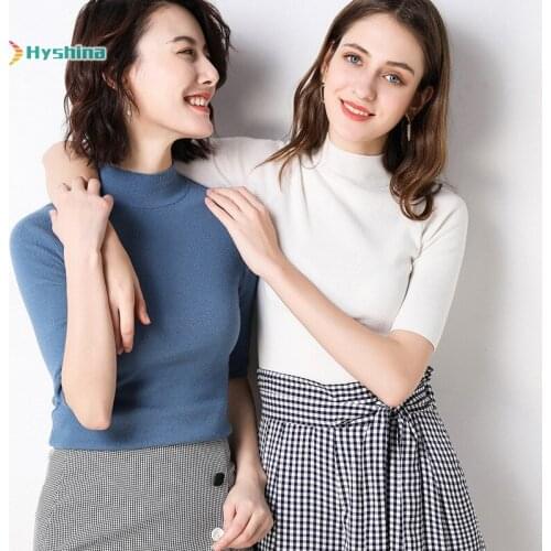 Short Sleeve Womens Pullover Half High Neck Top Thin Medium Sleeve Slim Fit Five Point Sleeve Knitted Shirt