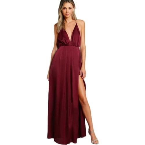 Womens Sexy Satin Deep V Neck Backless Maxi Evening Dress YSAN763