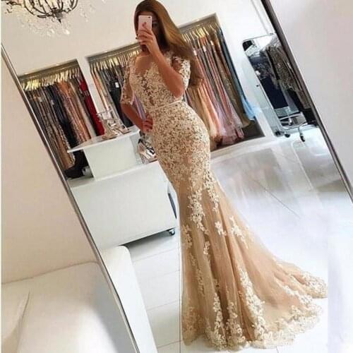 Champagne Prom Dresses Mermaid Half Sleeves Tulle Appliques Dubai Saudi Arabic Long Robe De Soiree Prom Gown Evening Dresses