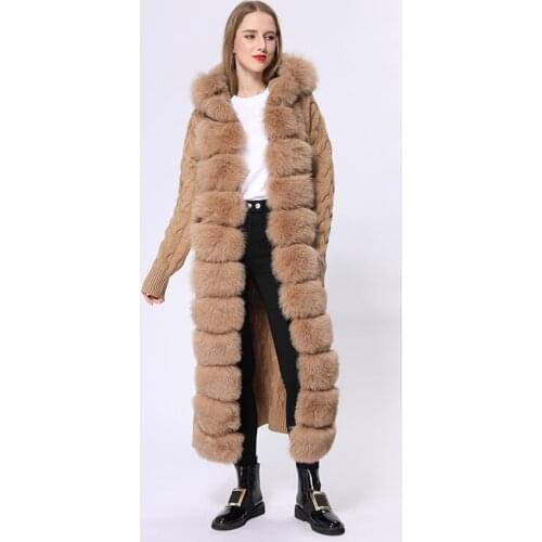 Winter Women X-Long Casual Fashion Belted Thick Wool Hooded Knitted Sweater Cardigan With Real Fox Fur Trim MSJ-S-03