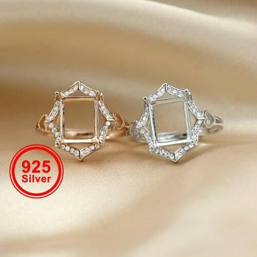 8x10MM rectangle bezel rose gold silver Gemstone CZ stone prong bezel solid 925 sterling silver adjustable ring settings 1294140