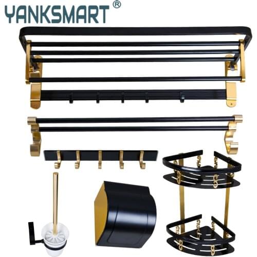 YANKSMART Space Aluminum Bathroom Hardware Set Towel Shelf Toilet Paper Box Holders Hook Design Bathroom Accessories Combo Kit