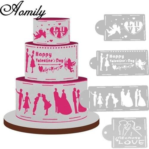 Aomily 4Pcs/Set Cake Stencil Airbrush Painting Art Scrapbooking DIY Home Decor Fondant Cupcake Decorations Baking Tools Bakeware