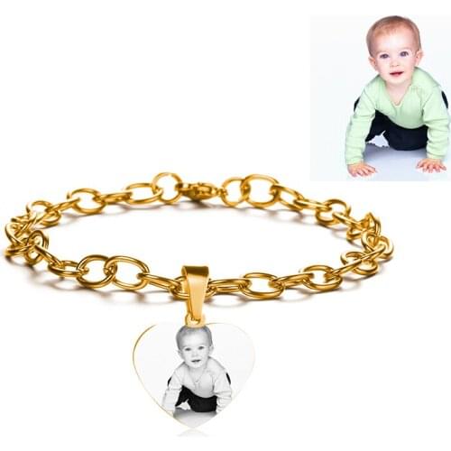 Personlized Engraved Photo Charm Bracelets Heart Shaped Custom Name Text Letter Number Tag Bracelets Women Men Anniversary Gift