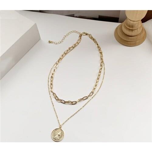 Vintage Double Alloy Chains Round Metal Portrait Relief Coin Pendent Necklace for Women Men Girls Kids Neck Collar Jewelry Gift